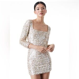 NWT ALICE & OLIVIA DAVINIA GOLD SEQUIN CHIFFON MINI DRESS SIZE 4